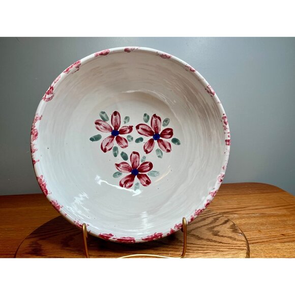 Bybee Pottery KY Christmas Poinsettia Flower Pink White Spongeware Mixing Bowl - Picture 1 of 16